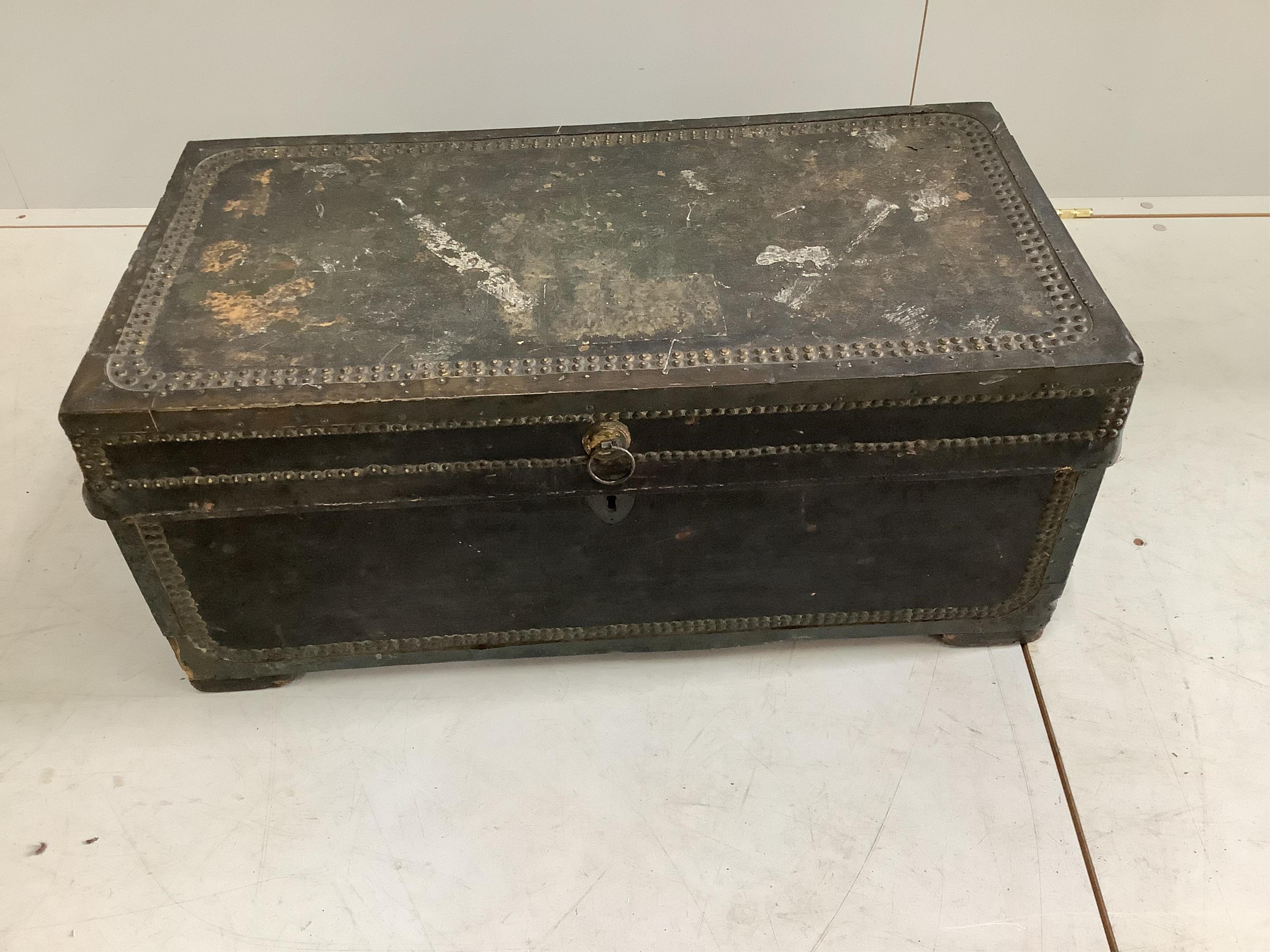 A 19th century brass mounted leather covered rectangular camphorwood trunk, width 75cm, depth 39cm, height 33cm